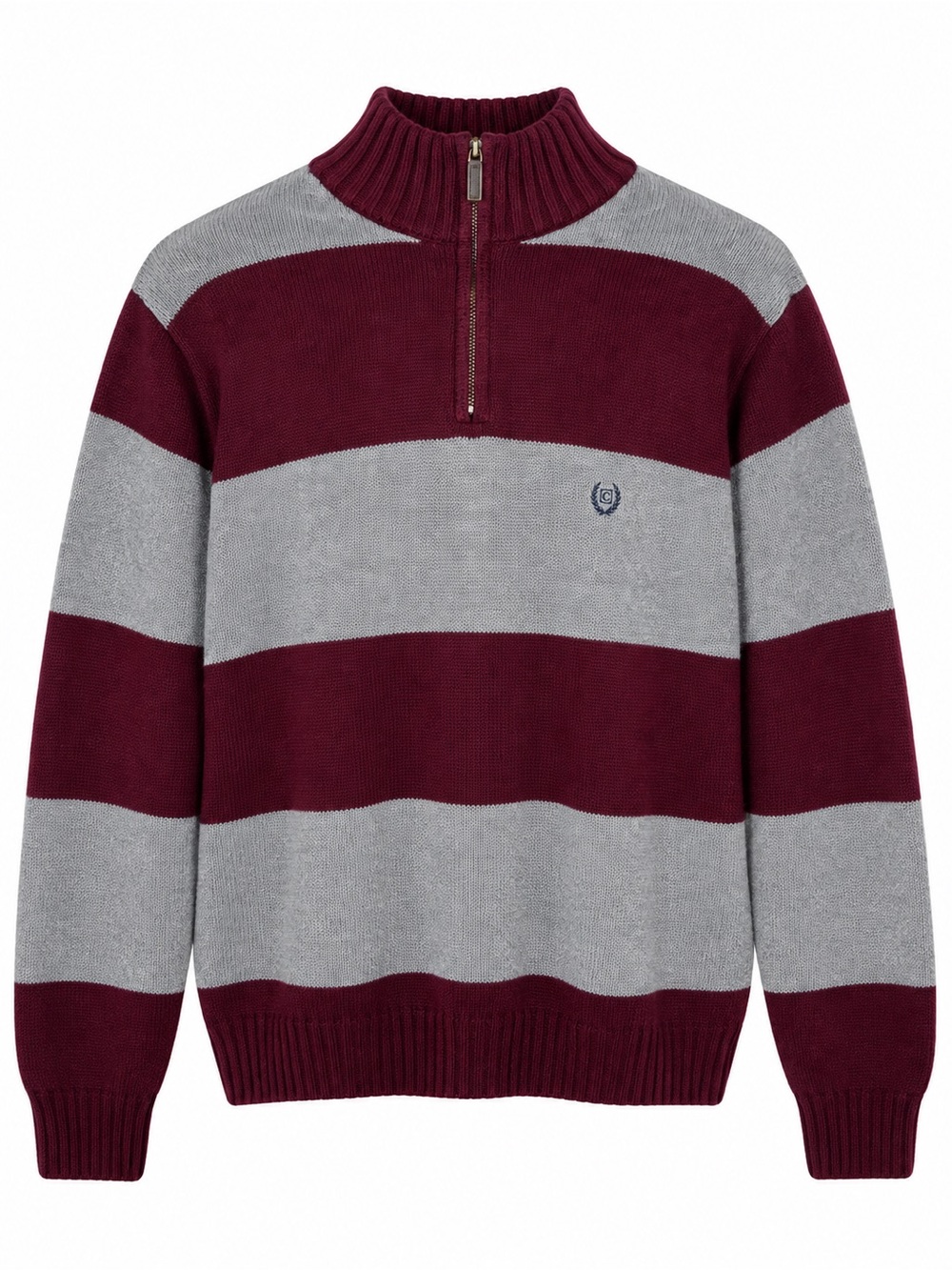 Vintage Y2K Chaps Mens Large Quarter Zip Sweater Burgundy Gray Striped Cotton